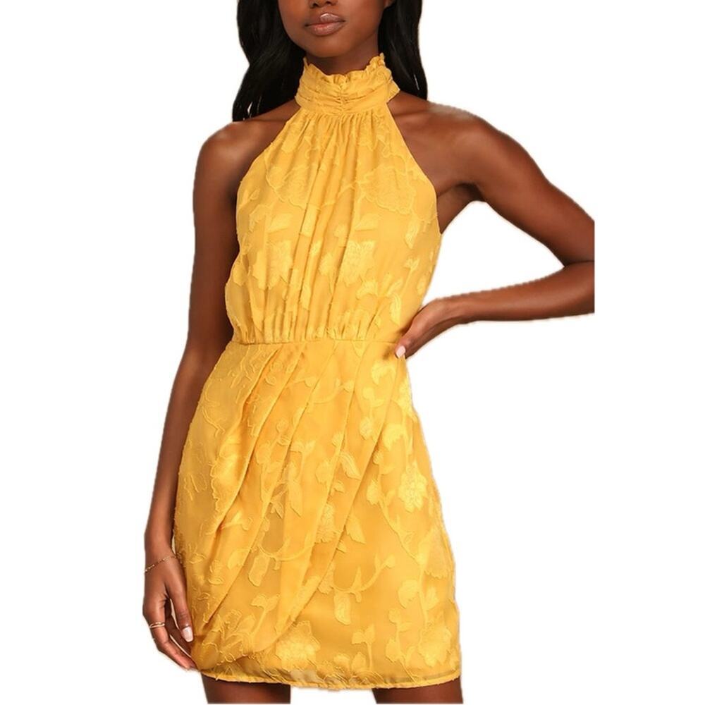 Lulus Yellow Floral Jacquard Halter Mini Dress NWT Size Small Cottagecore